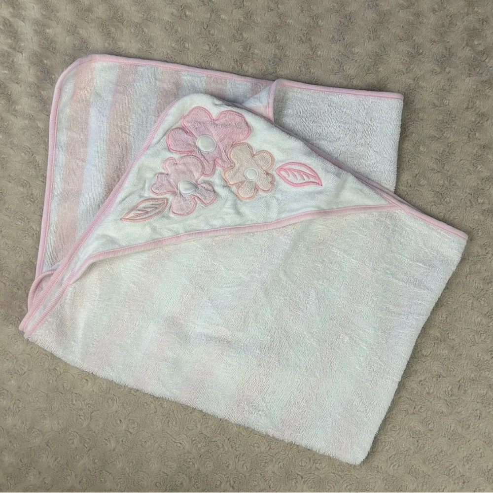 Cloud Island Pink White Floral Hooded Baby Towel Stripes Terry Cloth Flowers